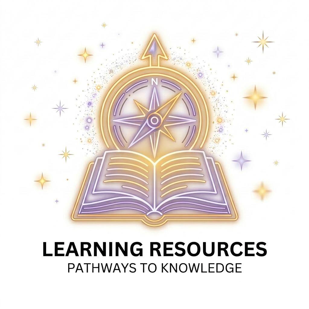 Illustration of learning resources including online courses, e-learning platforms, videos, tutorials, educational apps, coding, STEM, quizzes, assessments, digital libraries, collaboration tools, academic research, and search discovery.