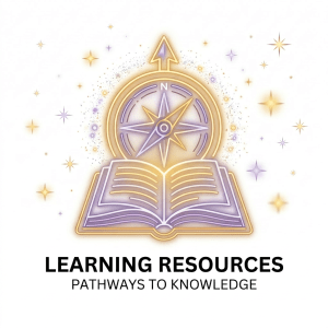 Illustration of learning resources including online courses, e-learning platforms, videos, tutorials, educational apps, coding, STEM, quizzes, assessments, digital libraries, collaboration tools, academic research, and search discovery.